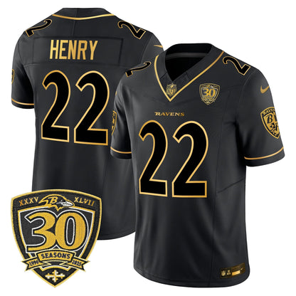 Men's Baltimore Ravens 2025 Gold Vapor Limited Jersey - 30th Anniversary Patch - All Stitched