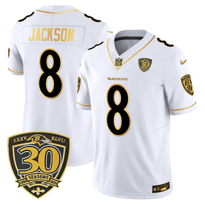 Men's Baltimore Ravens 2025 Gold Vapor Limited Jersey - 30th Anniversary Patch - All Stitched