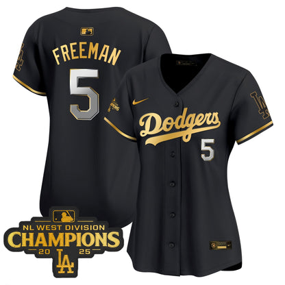 Women's Dodgers 2025 NL West Division Champions Patch Gold Trim Vapor Premier Limited Jersey - All Stitched