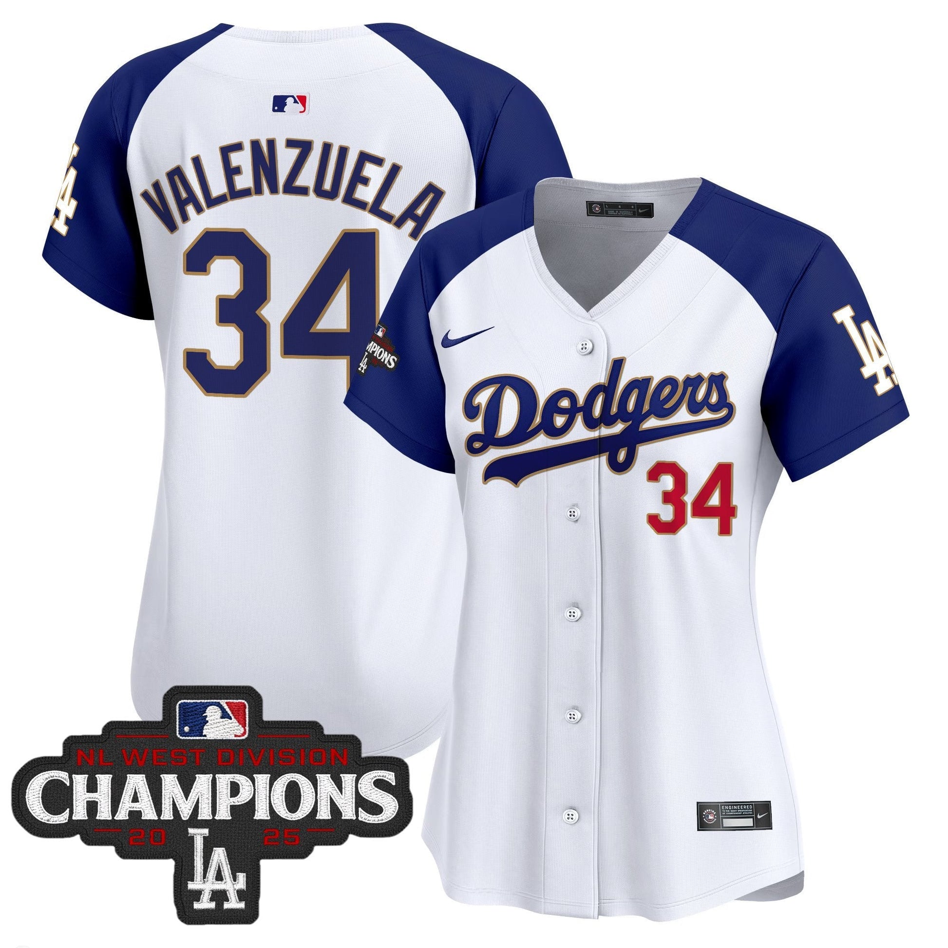 Women's Dodgers 2025 NL West Division Champions Patch Gold Trim Vapor Premier Limited Jersey - All Stitched