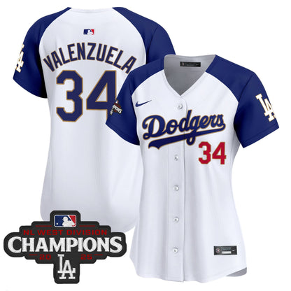 Women's Dodgers 2025 NL West Division Champions Patch Gold Trim Vapor Premier Limited Jersey - All Stitched