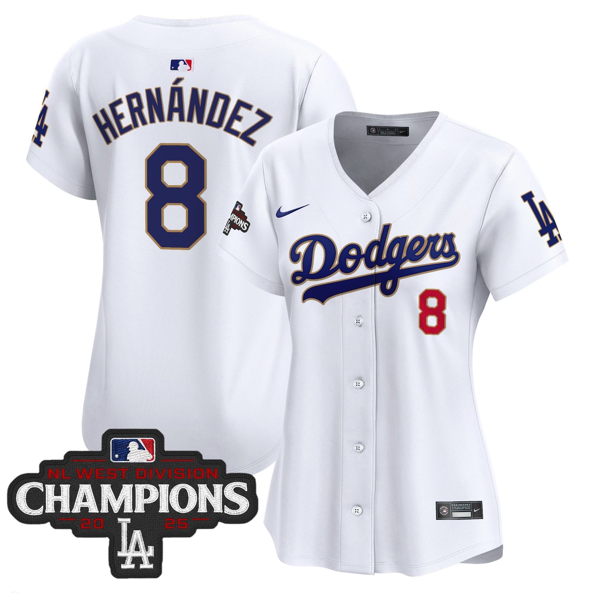Women's Dodgers 2025 NL West Division Champions Patch Gold Trim Vapor Premier Limited Jersey - All Stitched