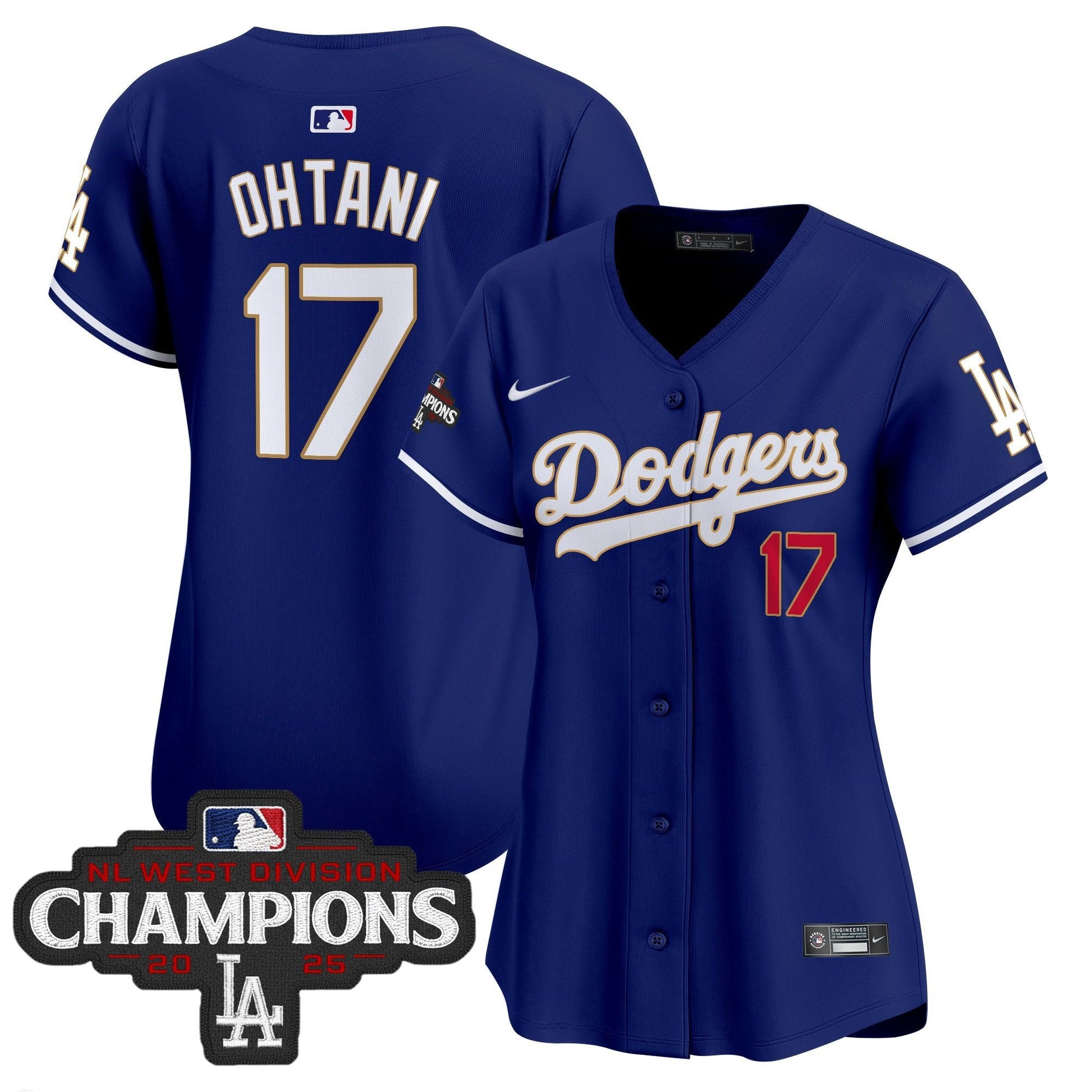 Women's Dodgers 2025 NL West Division Champions Patch Gold Trim Vapor Premier Limited Jersey - All Stitched