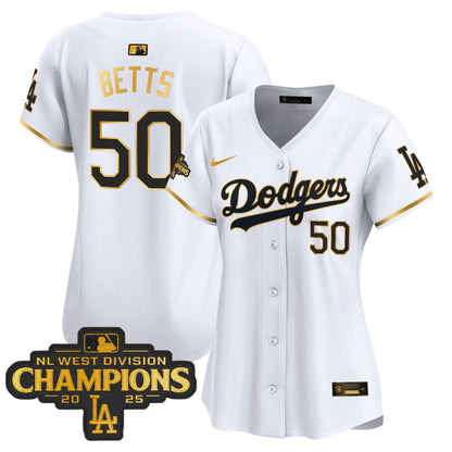 Women's Dodgers 2025 NL West Division Champions Patch Gold Trim Vapor Premier Limited Jersey - All Stitched