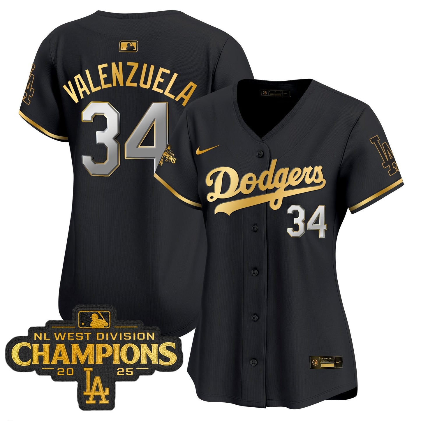 Women's Dodgers 2025 NL West Division Champions Patch Gold Trim Vapor Premier Limited Jersey - All Stitched
