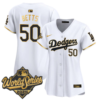 Women's Dodgers 2025 World Series Gold Trim Vapor Premier Limited Jersey - All Stitched