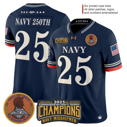 Men's Navy Midshipmen 250th Anniversary Vapor Limited Jersey - 2025 Commander-In-Chief's Trophy Champions Patch - Stitched