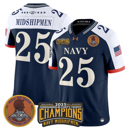 Men's Navy Midshipmen 250th Anniversary Vapor Limited Jersey - 2025 Commander-In-Chief's Trophy Champions Patch - Stitched