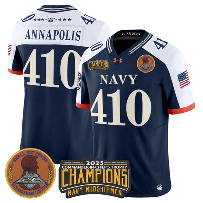Men's Navy Midshipmen 250th Anniversary Vapor Limited Jersey - 2025 Commander-In-Chief's Trophy Champions Patch - Stitched