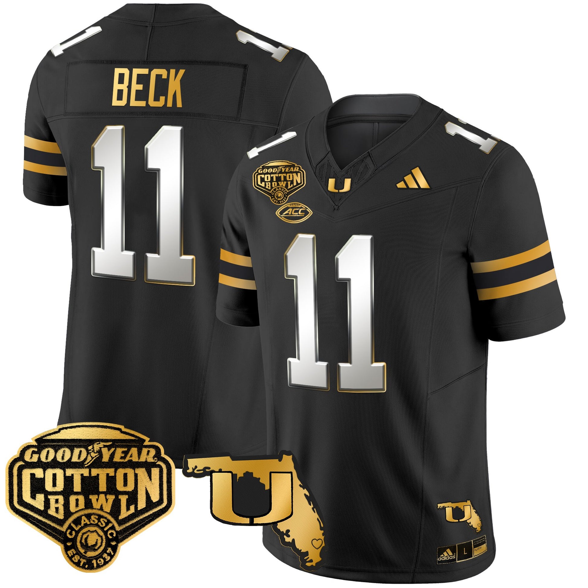 Men's Miami Hurricanes 2025/26 Cotton Bowl & Florida Patch Gold Vapor Limited Jersey - All Stitched