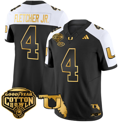 Men's Miami Hurricanes 2025/26 Cotton Bowl & Florida Patch Gold Vapor Limited Jersey - All Stitched