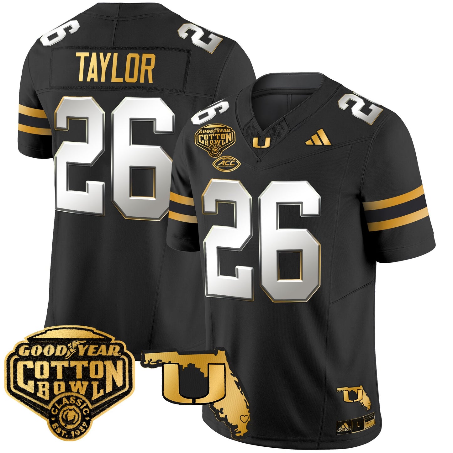 Men's Miami Hurricanes 2025/26 Cotton Bowl & Florida Patch Gold Vapor Limited Jersey - All Stitched