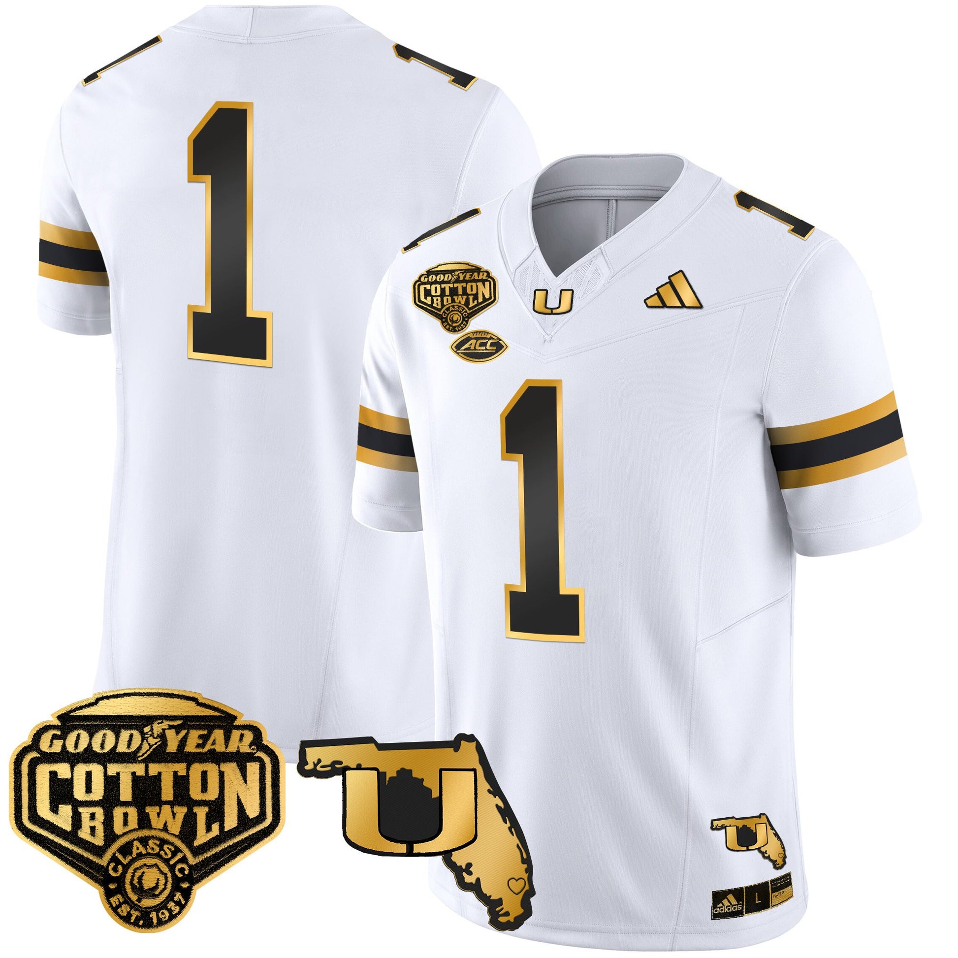 Men's Miami Hurricanes 2025/26 Cotton Bowl & Florida Patch Gold Vapor Limited Jersey - All Stitched