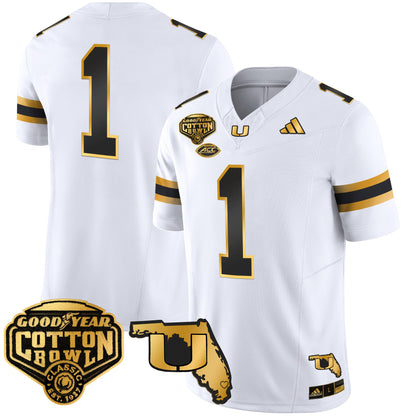 Men's Miami Hurricanes 2025/26 Cotton Bowl & Florida Patch Gold Vapor Limited Jersey - All Stitched