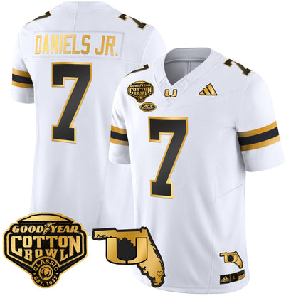 Men's Miami Hurricanes 2025/26 Cotton Bowl & Florida Patch Gold Vapor Limited Jersey - All Stitched