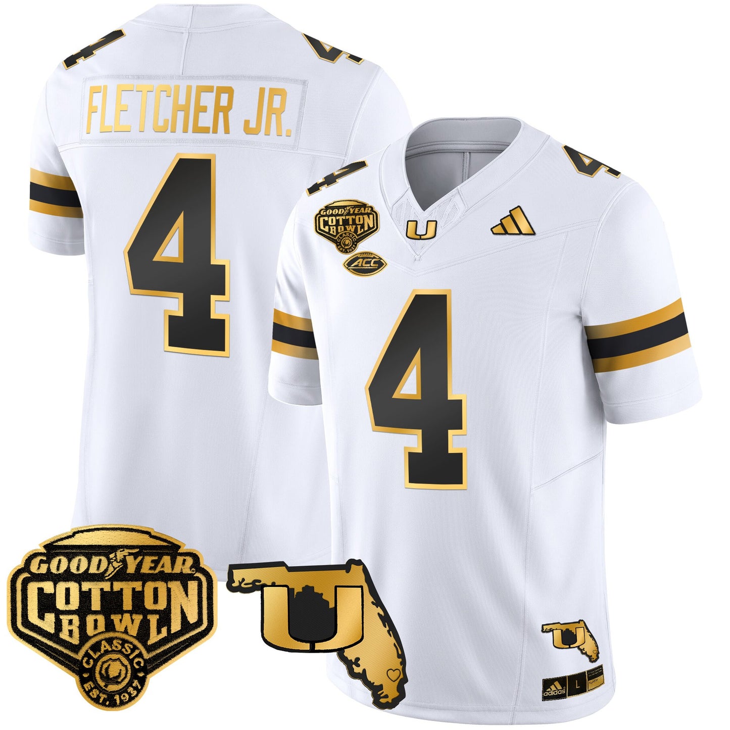 Men's Miami Hurricanes 2025/26 Cotton Bowl & Florida Patch Gold Vapor Limited Jersey - All Stitched