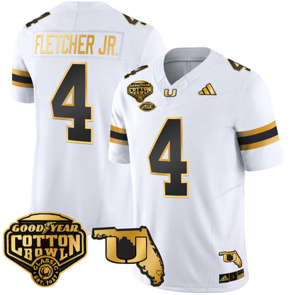 Men's Miami Hurricanes 2025/26 Cotton Bowl & Florida Patch Gold Vapor Limited Jersey - All Stitched