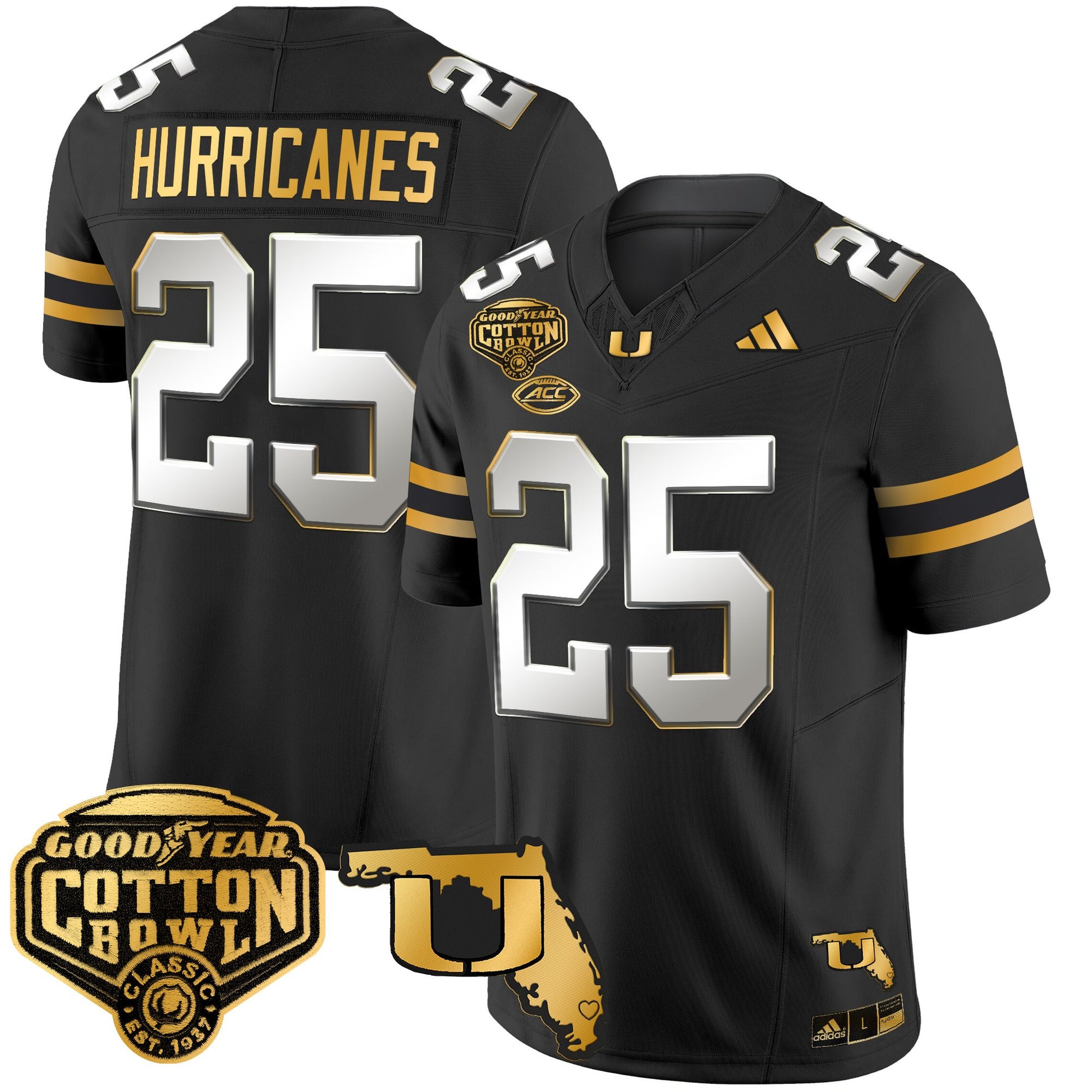 Men's Miami Hurricanes 2025/26 Cotton Bowl & Florida Patch Gold Vapor Limited Jersey - All Stitched