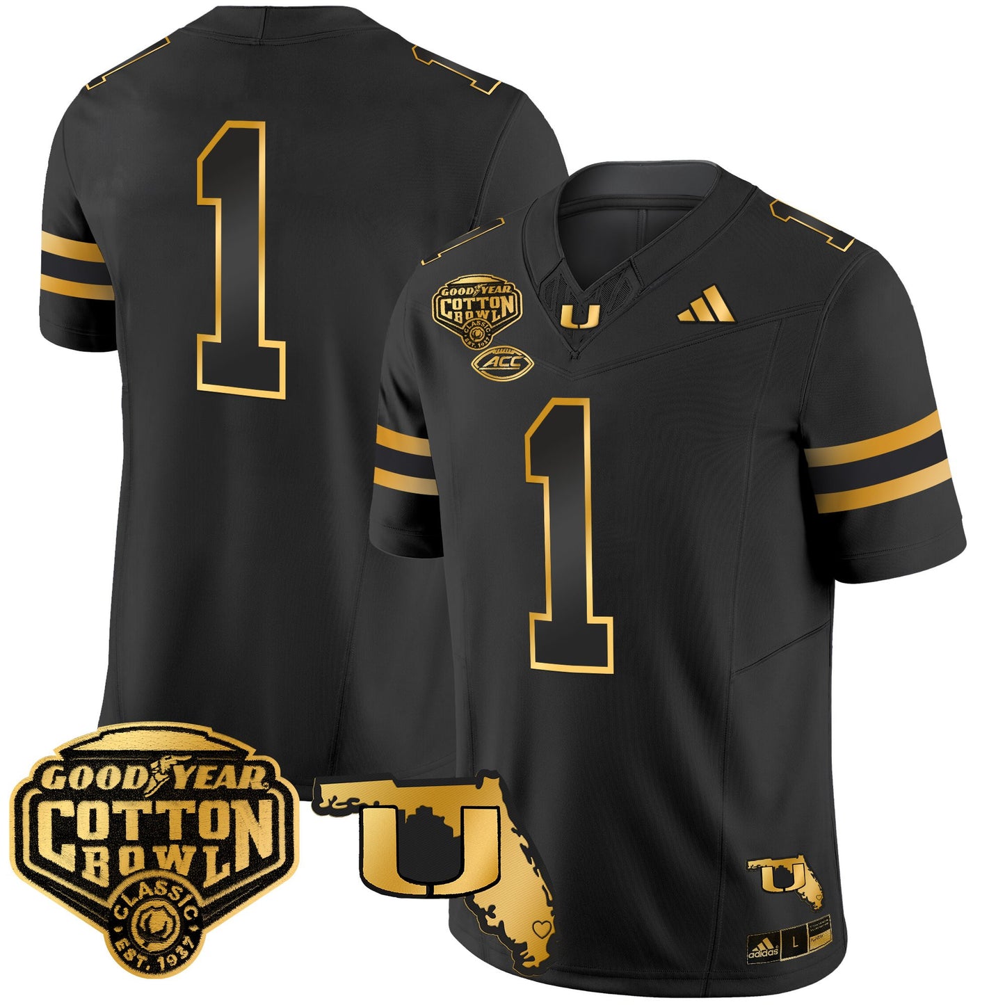 Men's Miami Hurricanes 2025/26 Cotton Bowl & Florida Patch Gold Vapor Limited Jersey - All Stitched