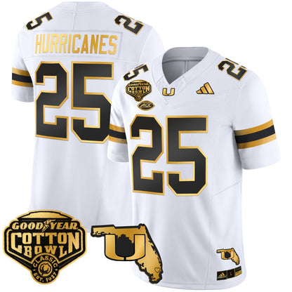 Men's Miami Hurricanes 2025/26 Cotton Bowl & Florida Patch Gold Vapor Limited Jersey - All Stitched
