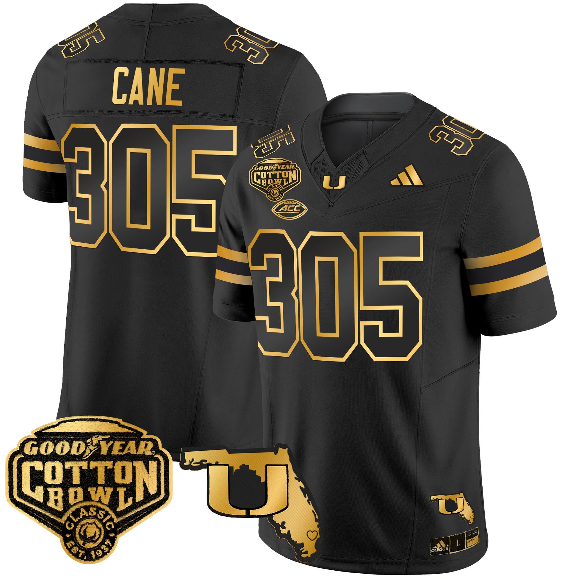 Men's Miami Hurricanes 2025/26 Cotton Bowl & Florida Patch Gold Vapor Limited Jersey - All Stitched