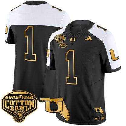 Men's Miami Hurricanes 2025/26 Cotton Bowl & Florida Patch Gold Vapor Limited Jersey - All Stitched