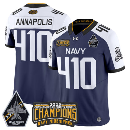 Men's Navy Midshipmen Jolly Rogers 2025 Commander-In-Chief's Trophy Champions Vapor Limited Jersey - All Stitched
