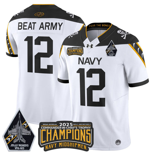 Men's Navy Midshipmen Jolly Rogers 2025 Commander-In-Chief's Trophy Champions Vapor Limited Jersey - All Stitched
