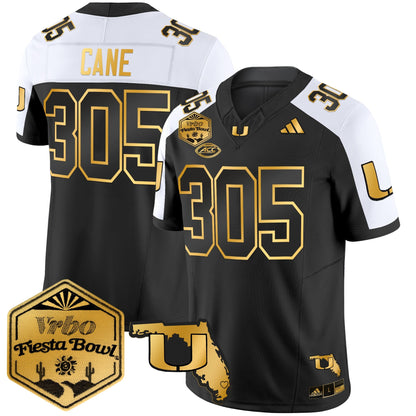 Men's Miami Hurricanes 2026 The Fiesta Bowl & Florida Patch Gold Vapor Limited Jersey - All Stitched