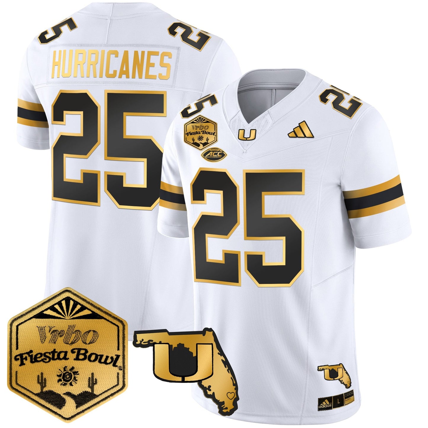 Men's Miami Hurricanes 2026 The Fiesta Bowl & Florida Patch Gold Vapor Limited Jersey - All Stitched