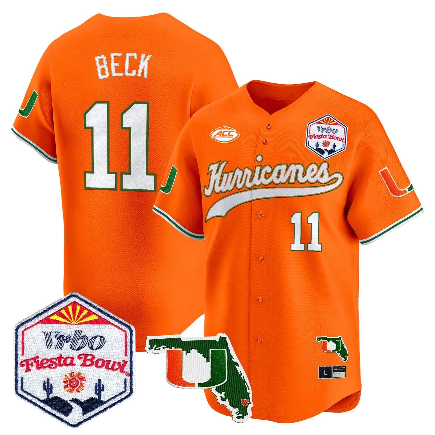 Men's Miami Hurricanes 2026 The Fiesta Bowl & Florida Patch Vapor Baseball Jersey - All Stitched