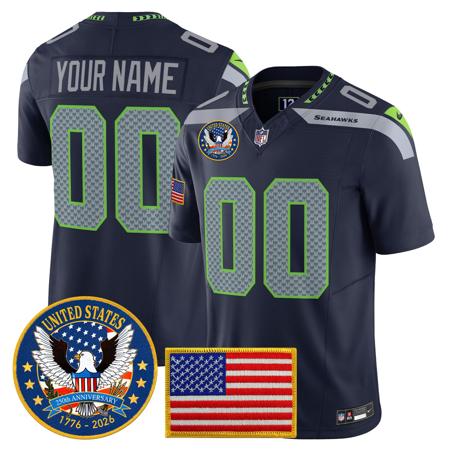Seattle Seahawks "United States 250th Anniversary Patch" Vapor Limited Custom Jersey - All Stitched