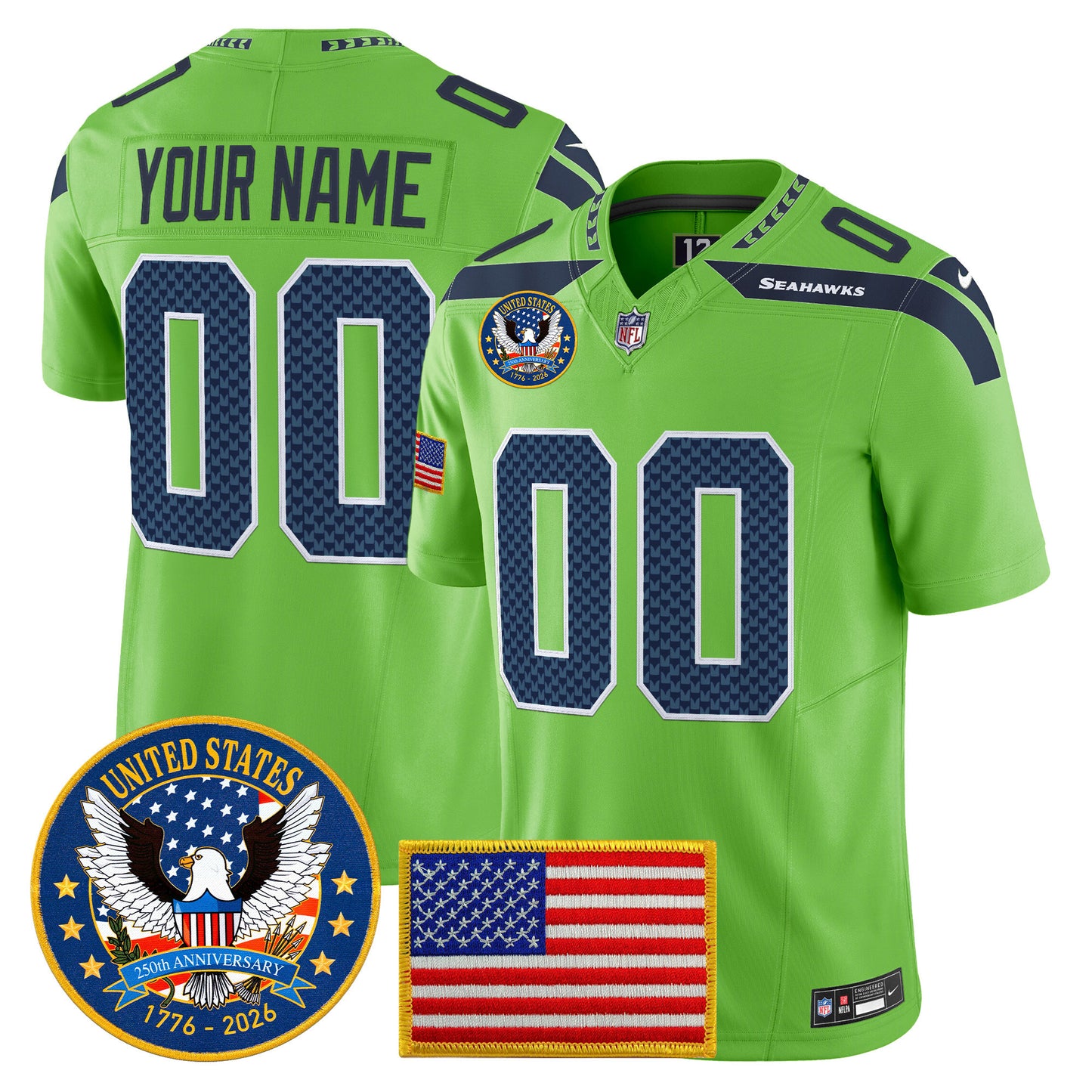 Seattle Seahawks "United States 250th Anniversary Patch" Vapor Limited Custom Jersey - All Stitched