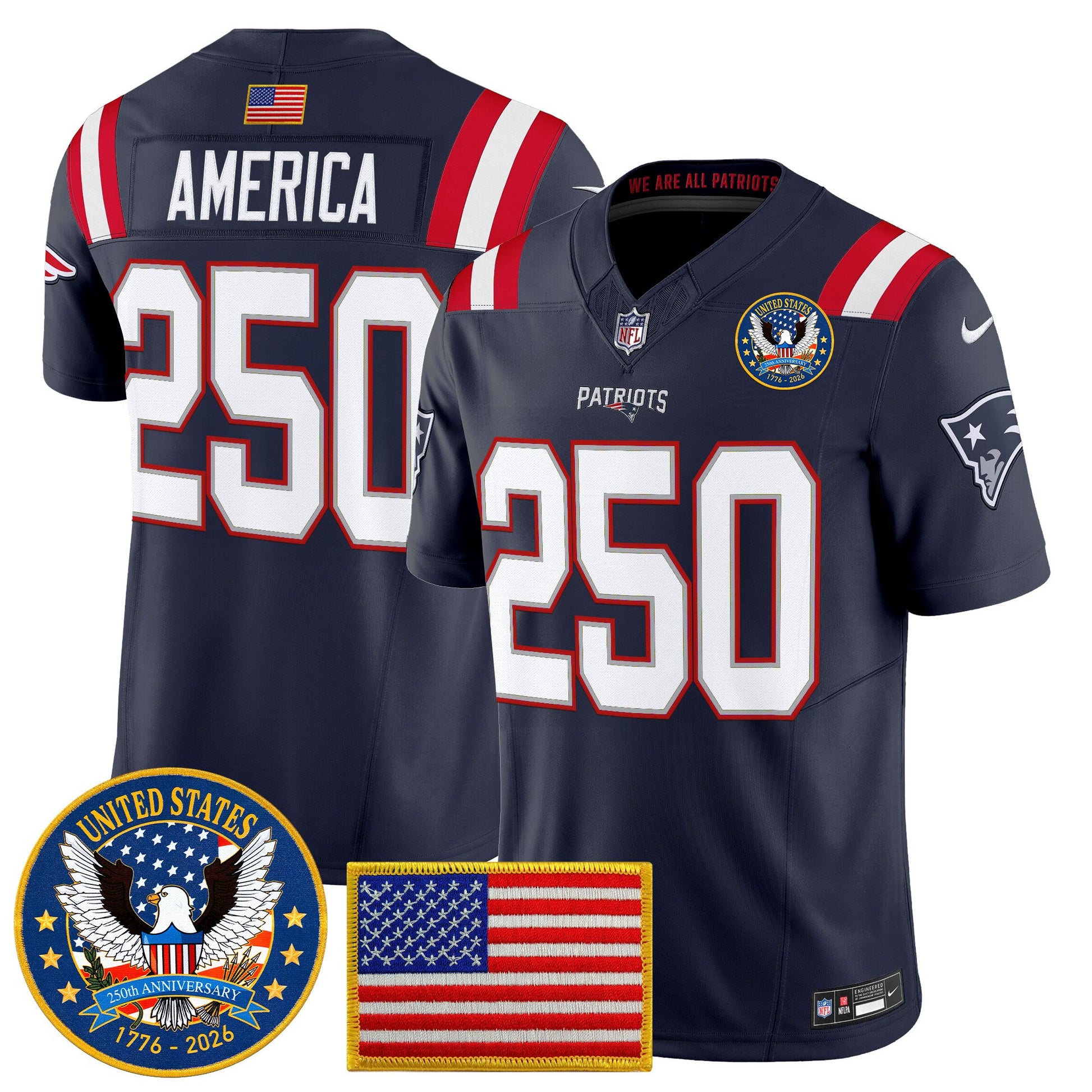 Men's New England Patriots "United States 250th Anniversary Patch" Vapor Limited Jersey - All Stitched