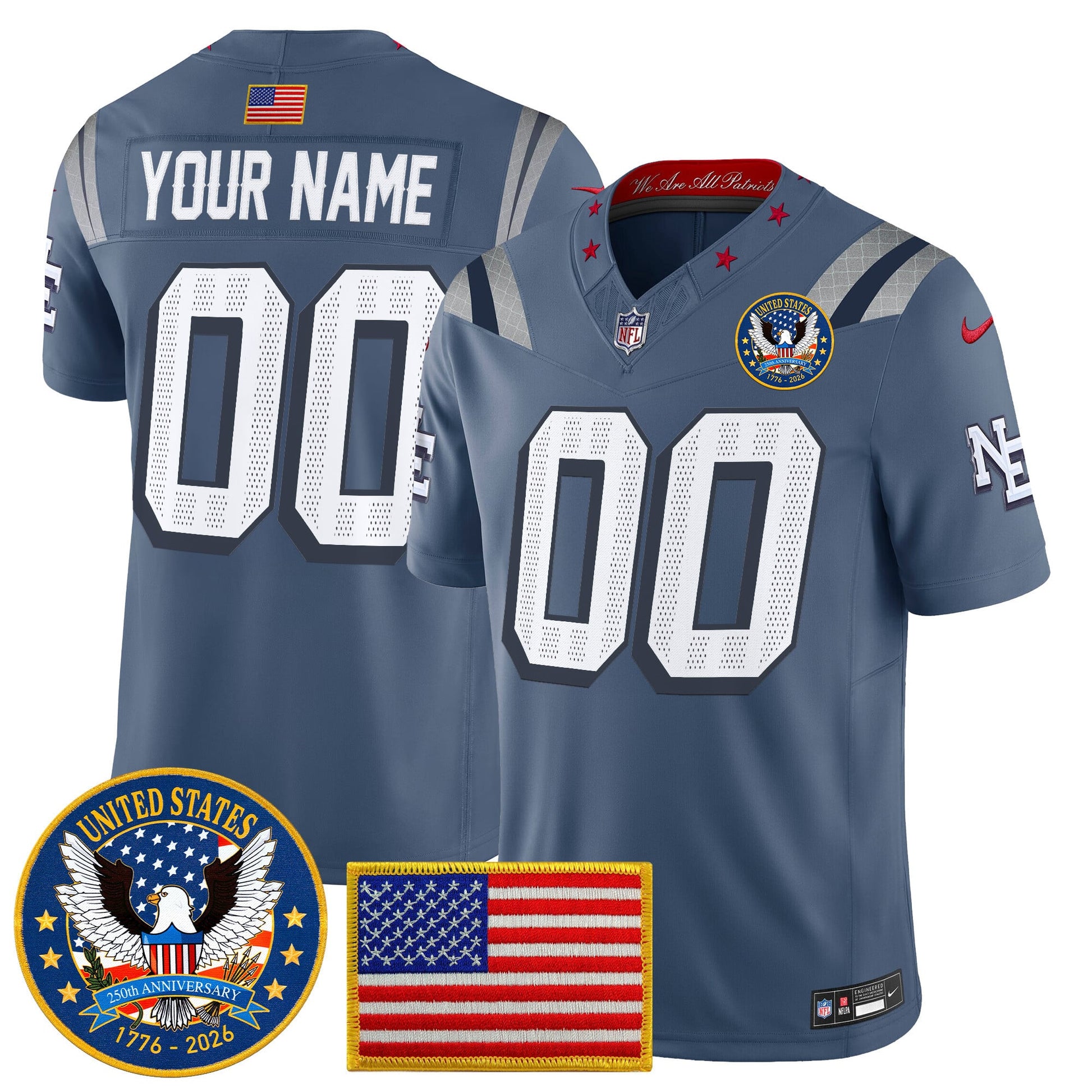 New England Patriots "United States 250th Anniversary Patch" Vapor Limited Custom Jersey - All Stitched