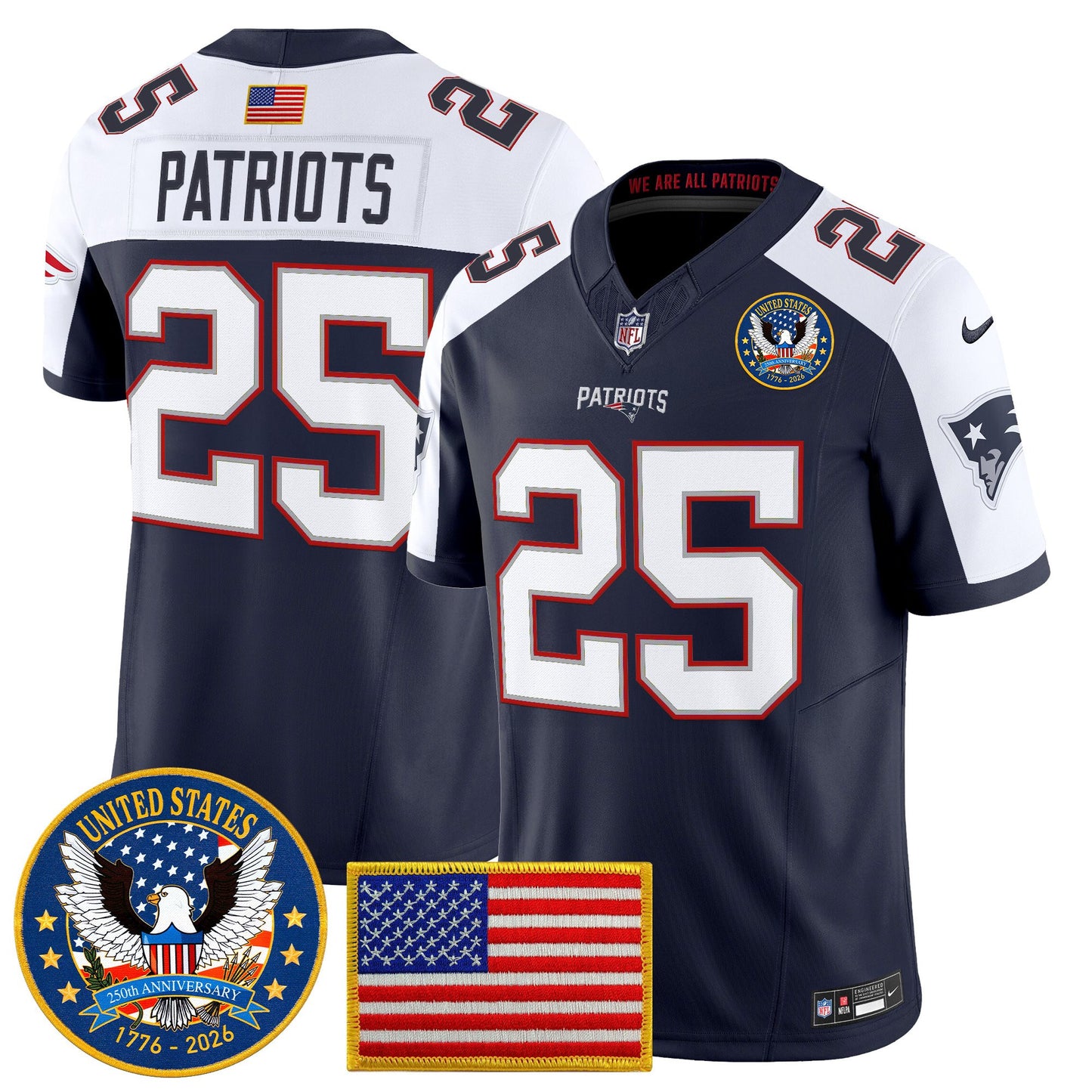 Men's New England Patriots "United States 250th Anniversary Patch" Vapor Limited Jersey - All Stitched