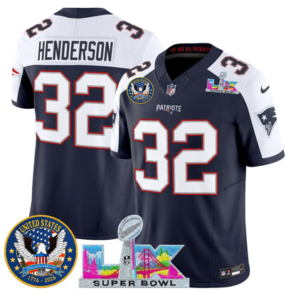Men's New England Patriots "Super Bowl LX & United States 250th Patch" Vapor Limited Jersey - All Stitched