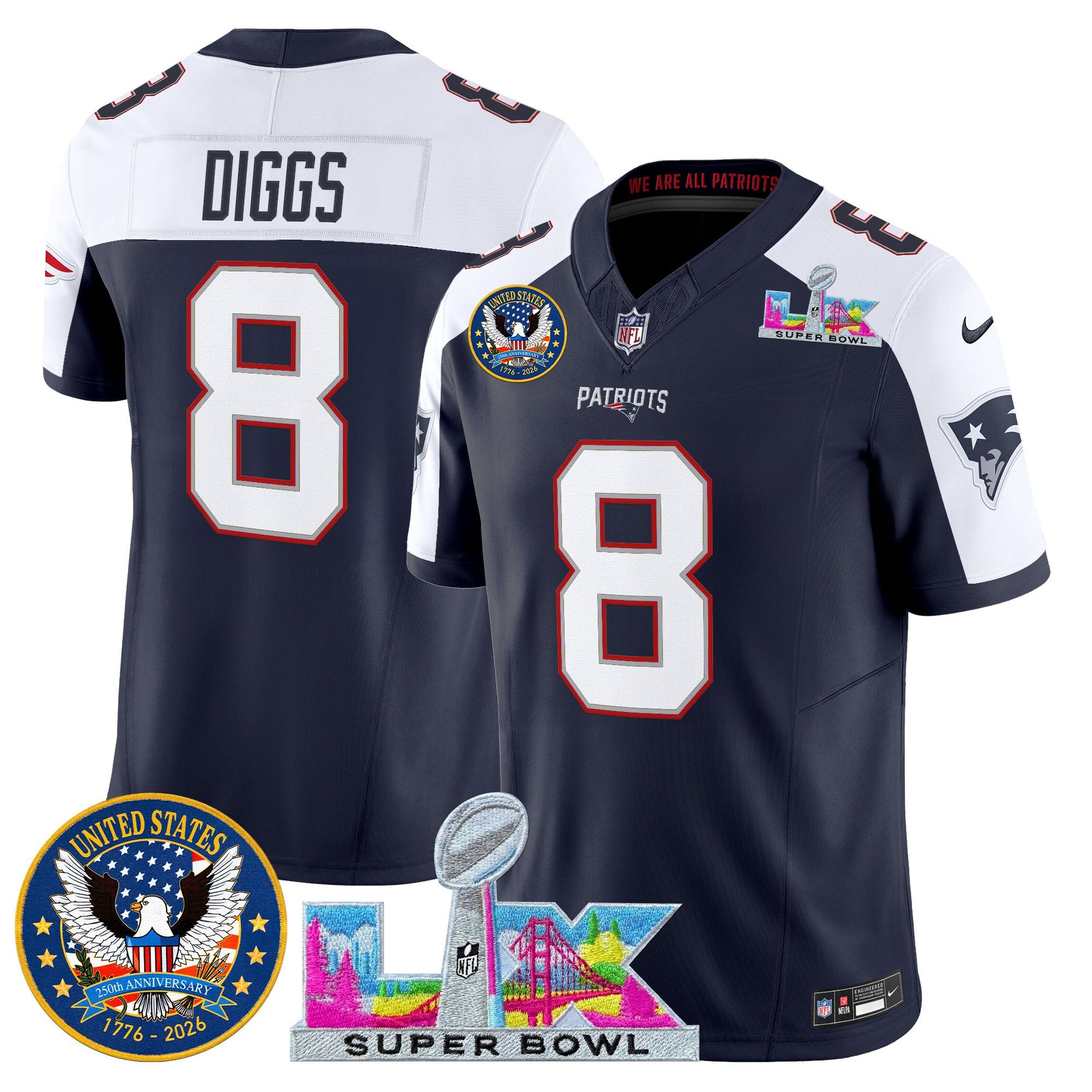 Men's New England Patriots "Super Bowl LX & United States 250th Patch" Vapor Limited Jersey - All Stitched
