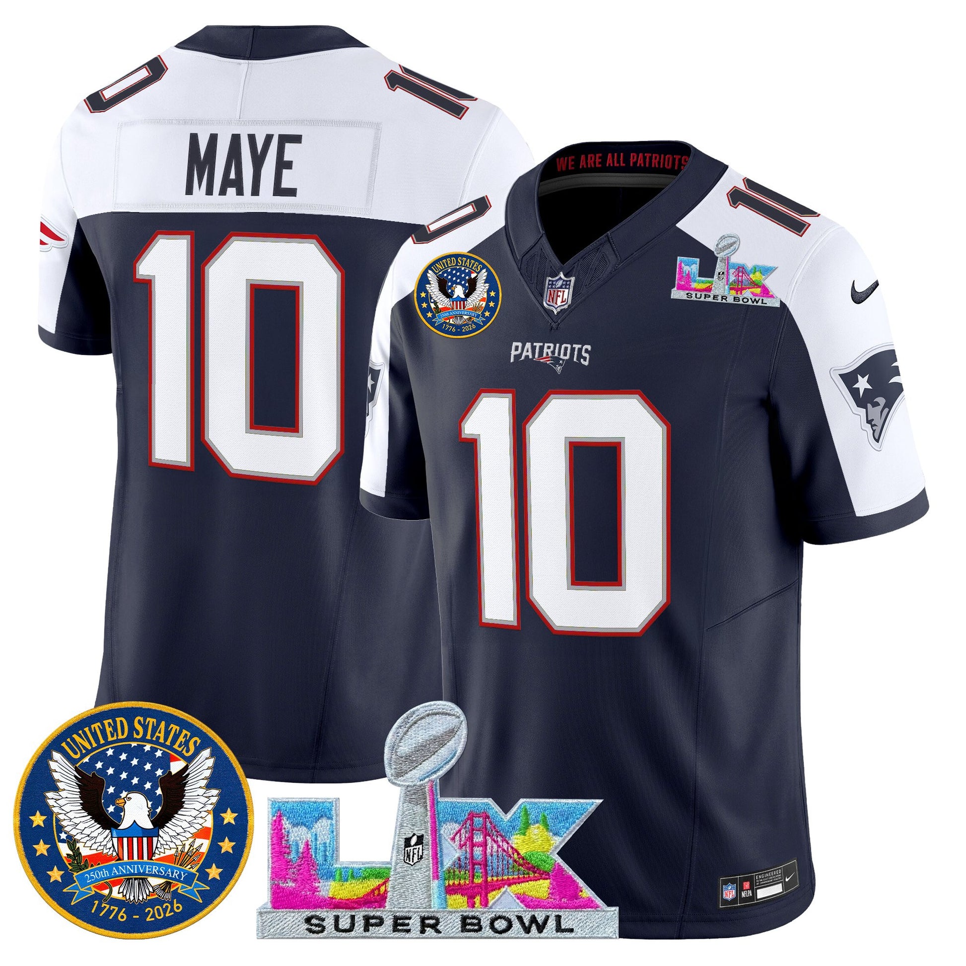 Men's New England Patriots "Super Bowl LX & United States 250th Patch" Vapor Limited Jersey - All Stitched