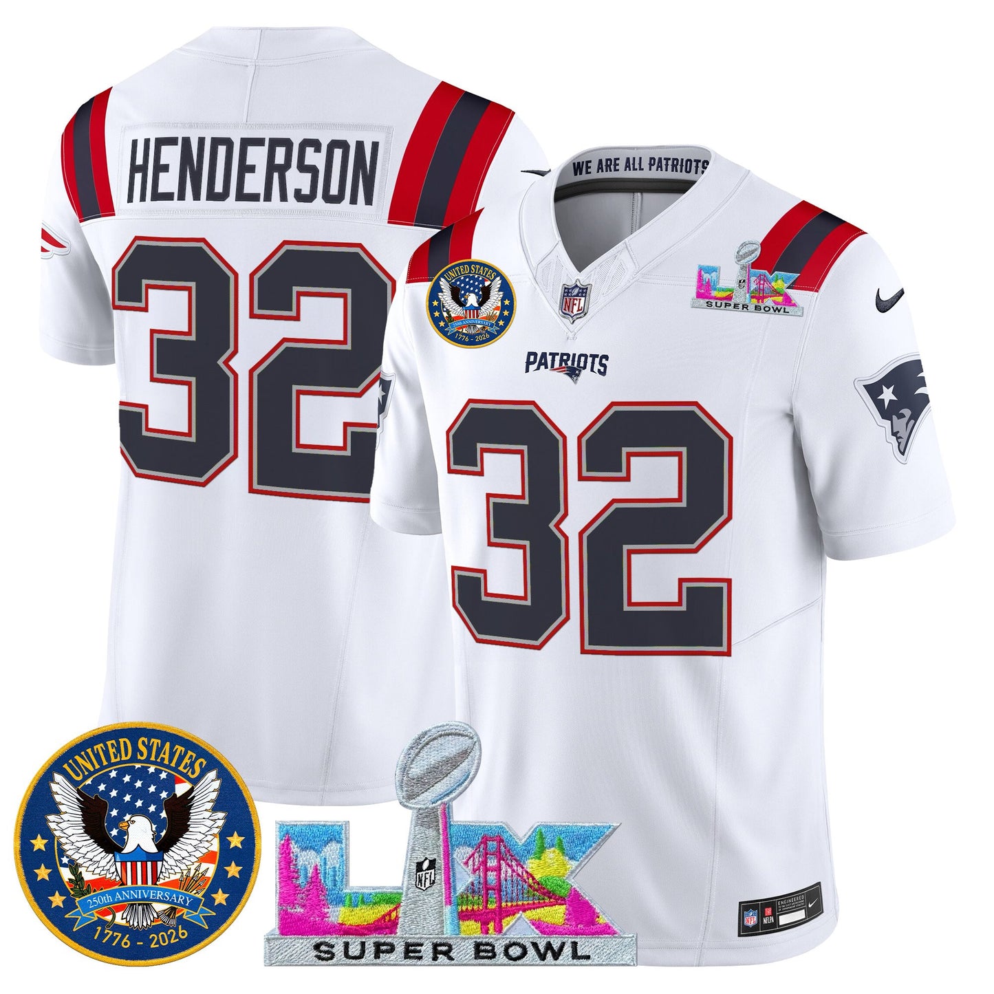 Men's New England Patriots "Super Bowl LX & United States 250th Patch" Vapor Limited Jersey - All Stitched