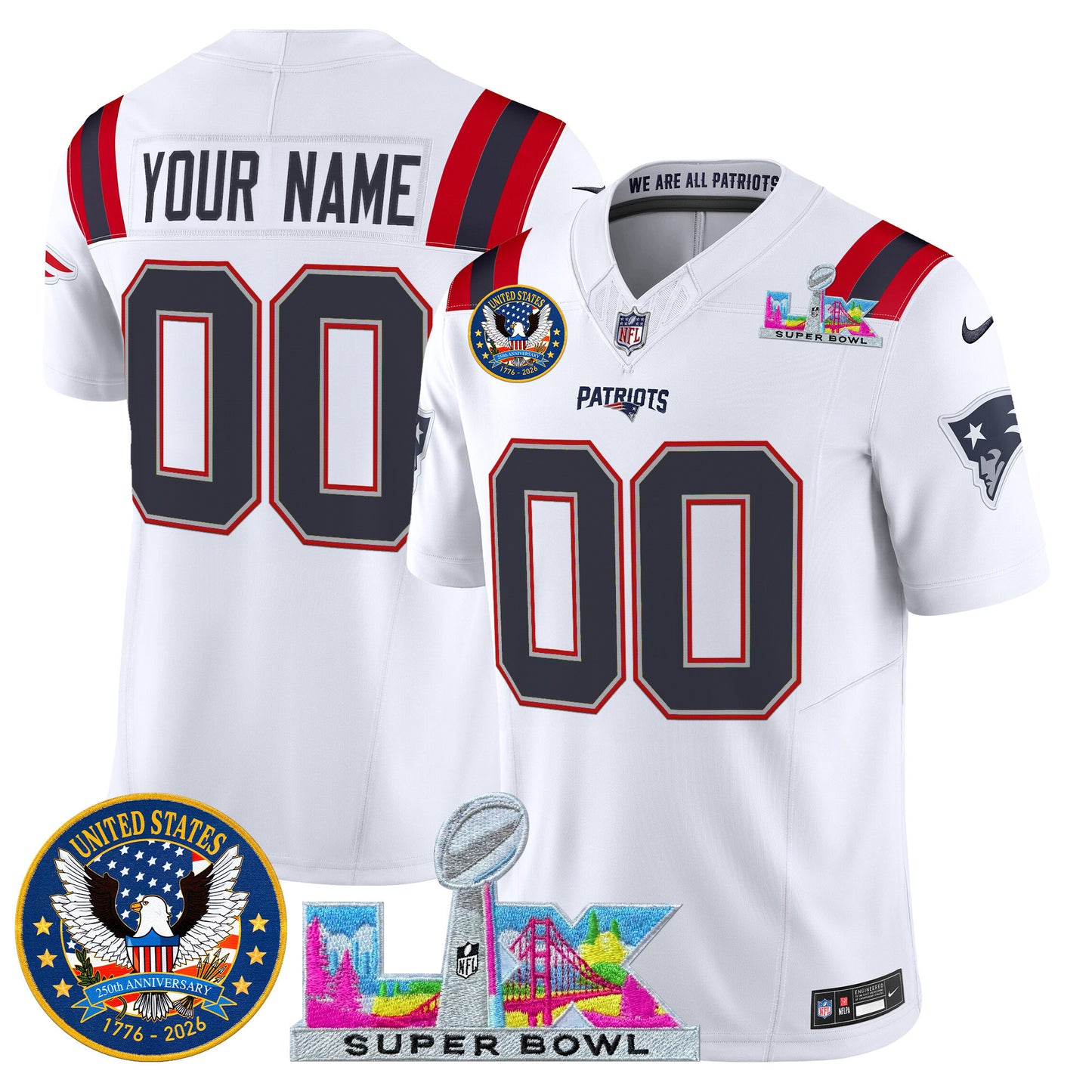 New England Patriots "Super Bowl LX & United States 250th Patch" Vapor Limited Custom Jersey - All Stitched
