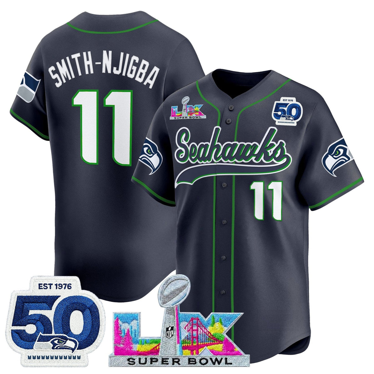 SEA Super Bowl LX Vapor Baseball Neon Green Jersey - Stitched