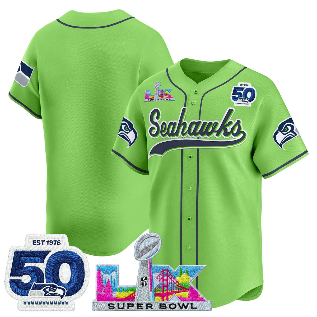 SEA Super Bowl LX Vapor Baseball Neon Green Jersey - Stitched