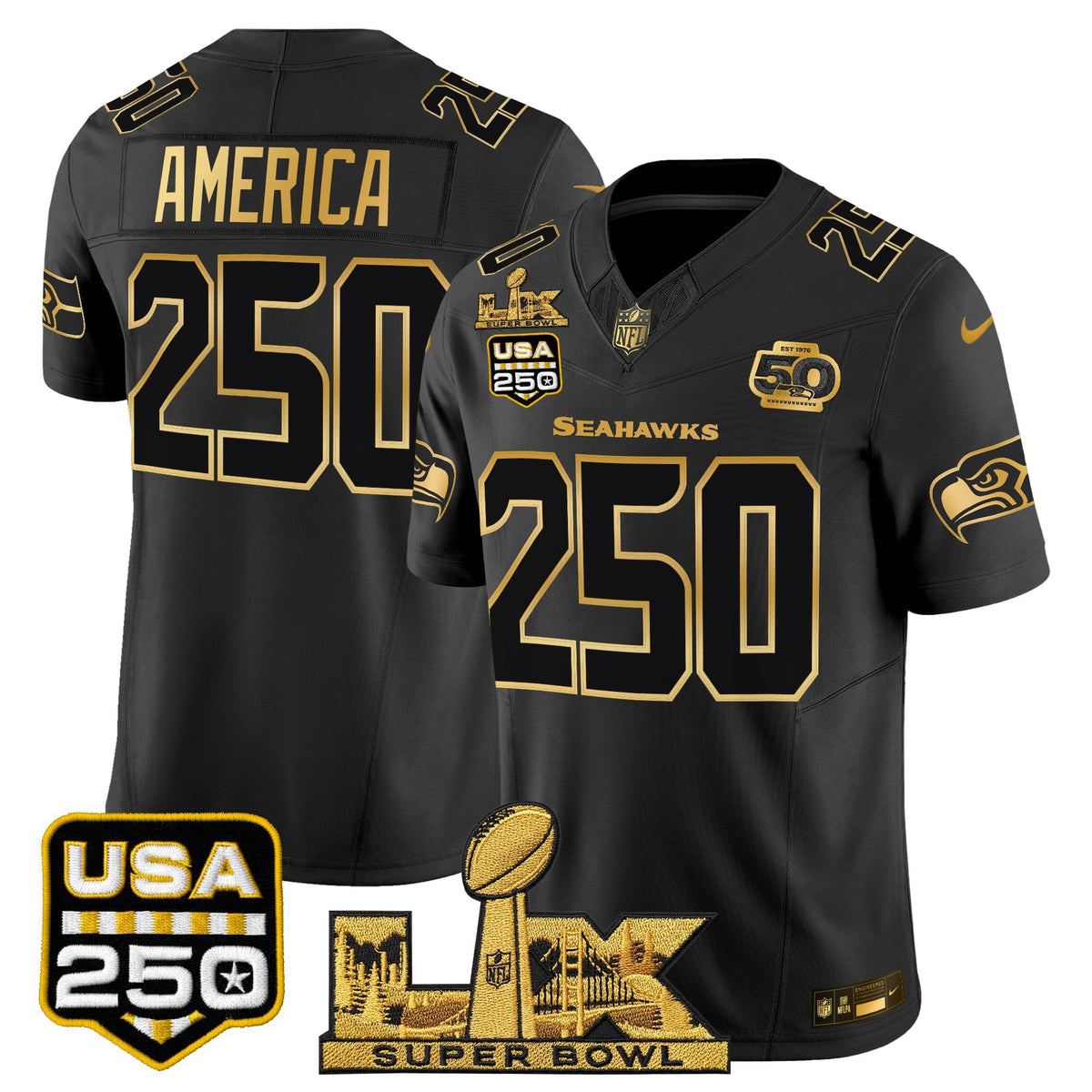Seattle Seahawks "Super Bowl LX & United States 250th Anniversary Patch" Gold Vapor Limited Jersey - Stitched