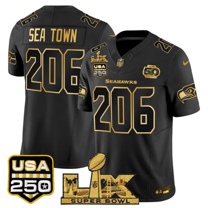Seattle Seahawks "Super Bowl LX & United States 250th Anniversary Patch" Gold Vapor Limited Jersey - Stitched