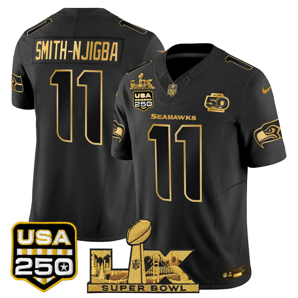 Seattle Seahawks "Super Bowl LX & United States 250th Anniversary Patch" Gold Vapor Limited Jersey - Stitched
