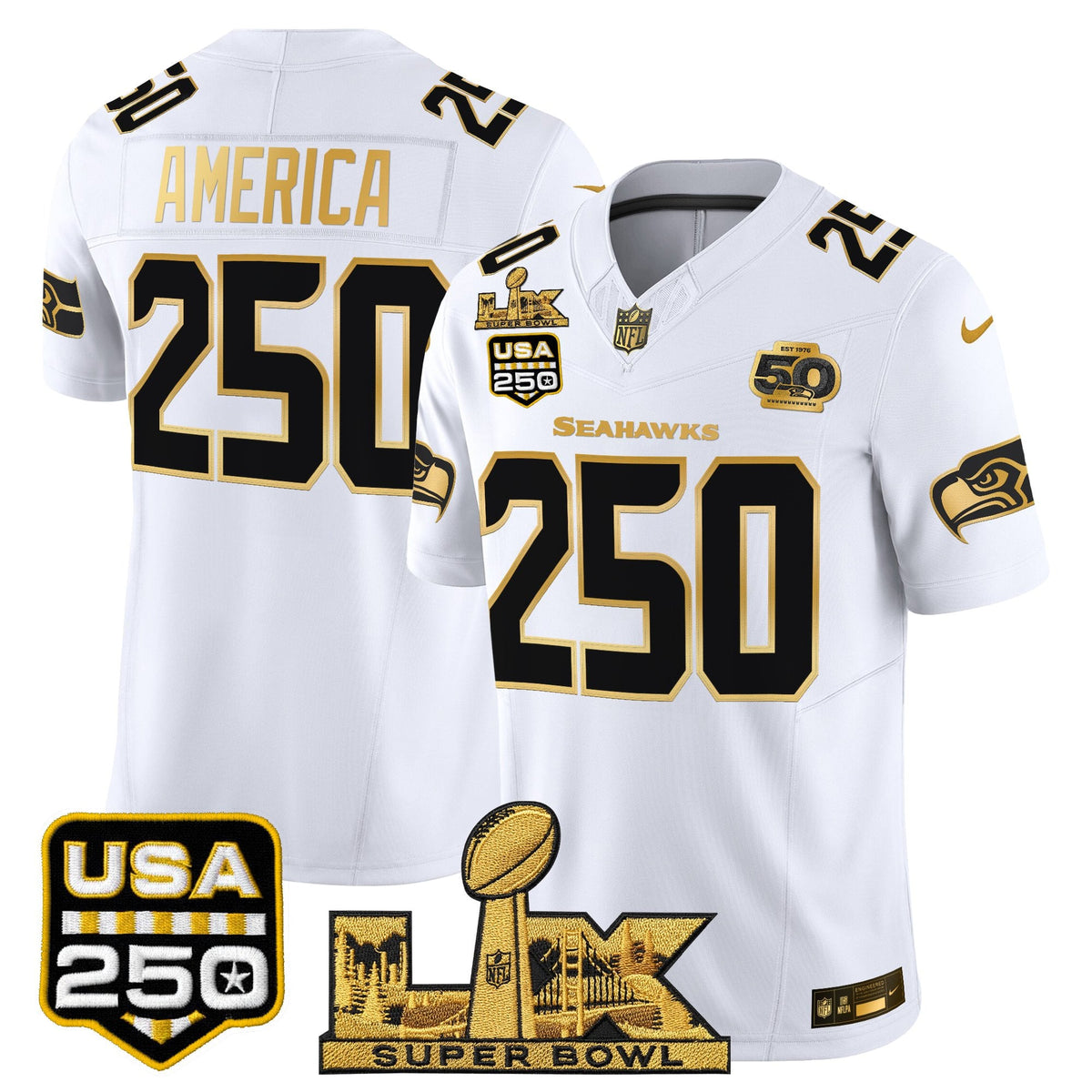 Seattle Seahawks "Super Bowl LX & United States 250th Anniversary Patch" Gold Vapor Limited Jersey - Stitched