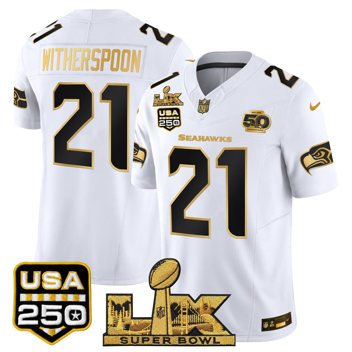 Seattle Seahawks "Super Bowl LX & United States 250th Anniversary Patch" Gold Vapor Limited Jersey - Stitched