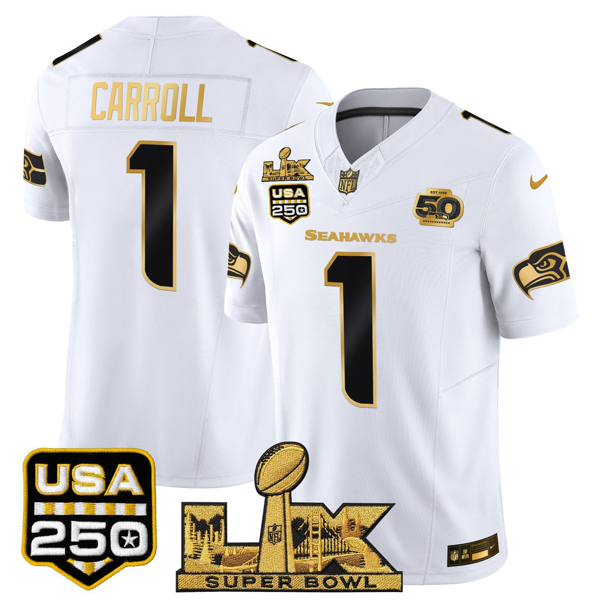 Seattle Seahawks "Super Bowl LX & United States 250th Anniversary Patch" Gold Vapor Limited Jersey - Stitched