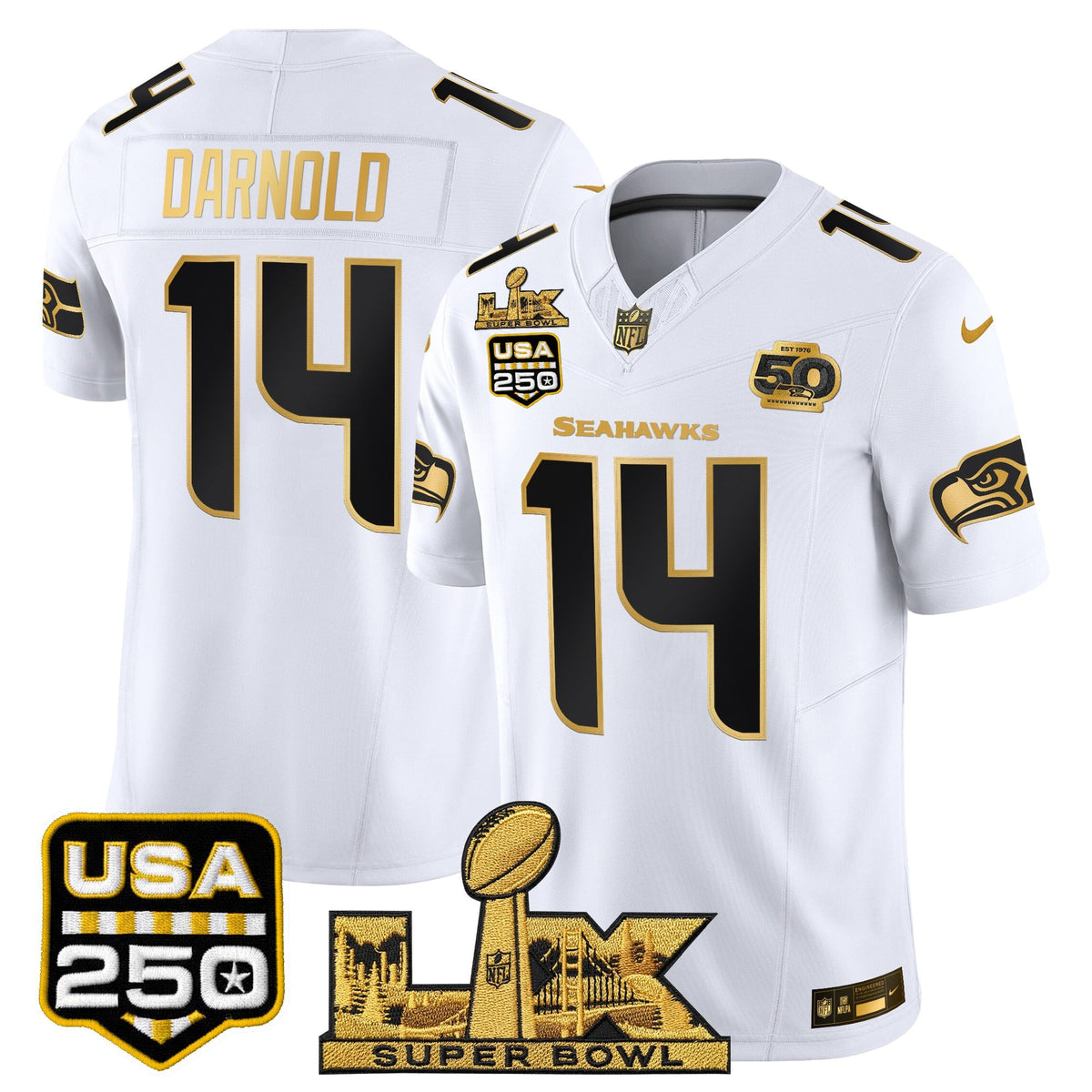 Seattle Seahawks "Super Bowl LX & United States 250th Anniversary Patch" Gold Vapor Limited Jersey - Stitched